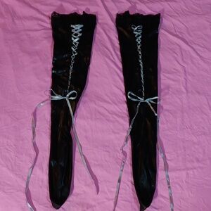 Wet Look Back Ribbon Lace Up Thigh Highs W/Lace & Silicon Stay Up Top Band (OS)